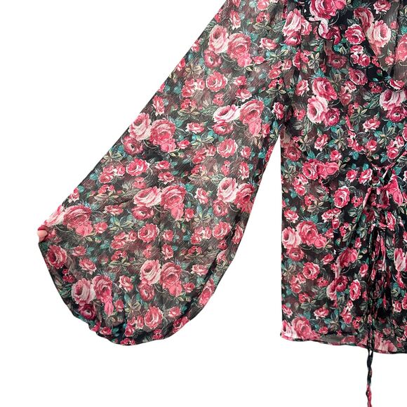 ZARA Rose Print Lace-Up Chiffon Blouse Small - Picture 4 of 6